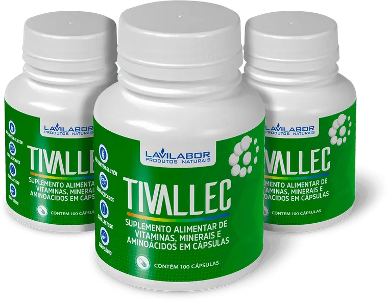 Três frascos de Tivallec, suplemento alimentar de vitaminas, minerais e aminoácidos em cápsulas